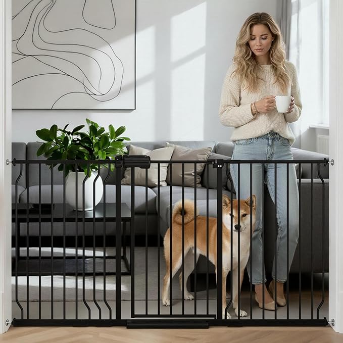 Photo 1 of 62.2"-71.65" Extra Wide Auto Closing Baby Safety Gate for Stairs & Doorways, Pressure Mounted No Drill Pet Gate with Walk-Through Door - Heavy Duty Childproof Gate for Toddlers, Kids, Dogs (Black