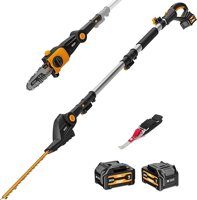 Photo 1 of Alloyman 2-in-1 Telescopic Cordless Pole Hedge Trimmer 16-Inch and Pole Saw 8.6-Inch,with 2 Packs 4.0Ah Batteries & Charger,for Tree Trimming and Shrubs Pruning