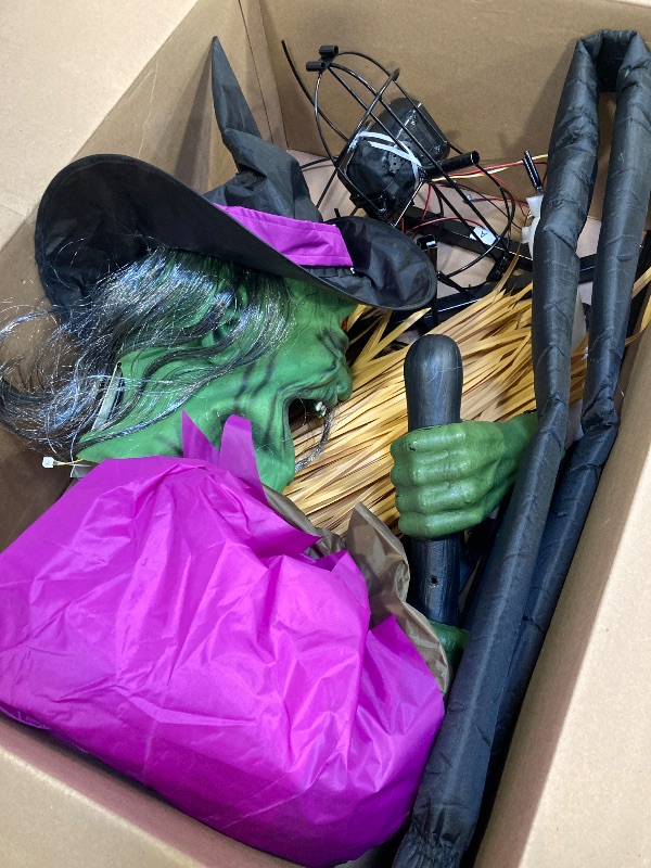 Photo 1 of 10.5FT Outdoor Animated Flying Witch Halloween Decor on Broom, Sound Activation,Eyes Glowing,Scary Sounds, Animatronics Hover Witch for Garden Yard Lawn Decorations