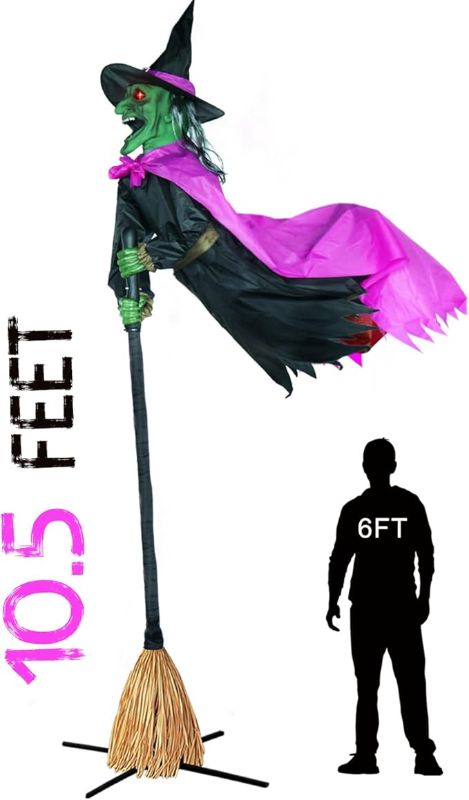 Photo 1 of 10.5FT Outdoor Animated Flying Witch Halloween Decor on Broom, Sound Activation,Eyes Glowing,Scary Sounds, Animatronics Hover Witch for Garden Yard Lawn Decorations