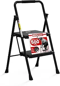 Photo 1 of 2Step Ladder, Portable Steel Folding Step Stool with Wide Anti-Slip Pedal & Convenient Handgrip, 500lbs Sturdy Steel Ladder, Black