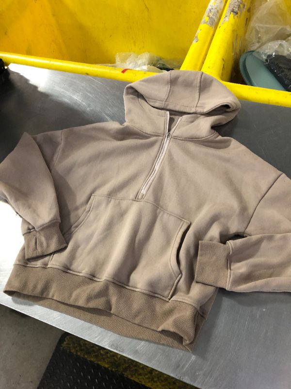 Photo 1 of dowerme Women Oversized Sweaters 2025 Lantern Long Sleeve Hooded Pullover Sweater with Pocket and Thumb Holes (Grey Brown, Size Unknown)