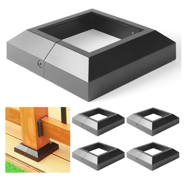 Photo 1 of 4 pcs 4x4 (Actual: 4"x4") Aluminum Deck Post Base Cover, for Railings, Stairs, Patios, Porches, Split Deck Post Skirt (Black)