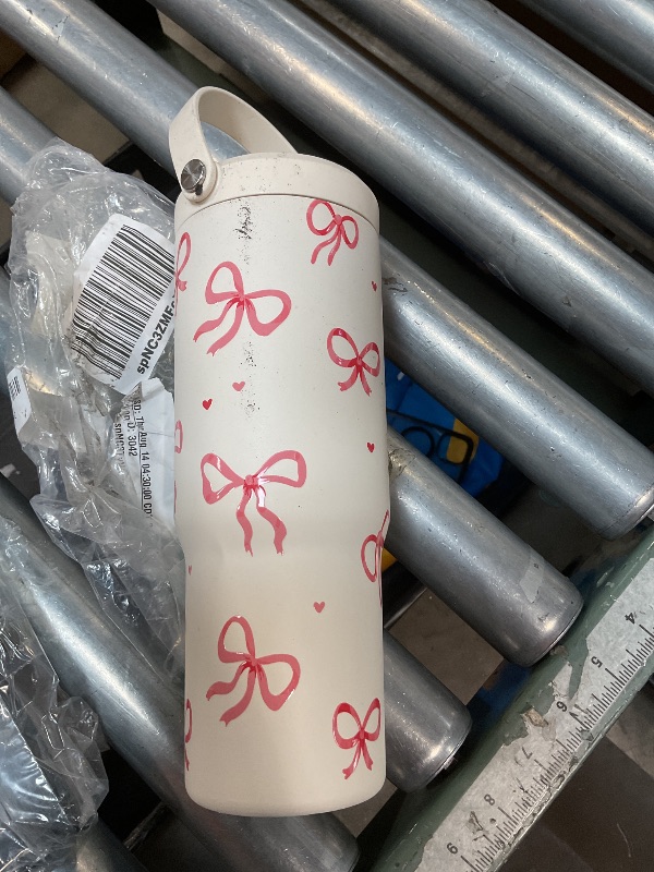 Photo 1 of 1pc 30oz 304 Stainless Steel Vacuum Insulated Tumbler with Lid & Straw - Double Wall Thermal Mug, Non-Slip Handle, Keeps Drinks Hot/Cold - Pink Bow Design, Perfect for Travel, Home, Office - Ideal Birthday & Holiday Gift for Coffee Lovers, Coffee Travel M