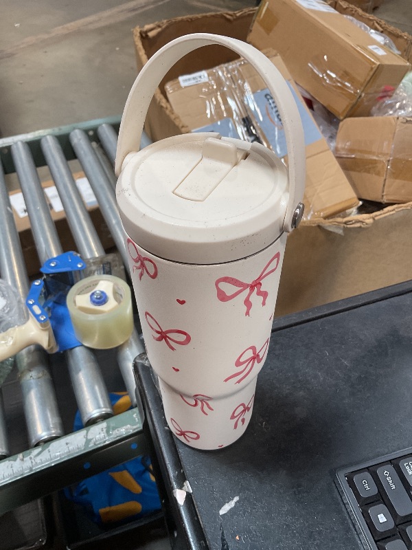 Photo 1 of 1pc 30oz 304 Stainless Steel Vacuum Insulated Tumbler with Lid & Straw - Double Wall Thermal Mug, Non-Slip Handle, Keeps Drinks Hot/Cold - Pink Bow Design, Perfect for Travel, Home, Office - Ideal Birthday & Holiday Gift for Coffee Lovers, Coffee Travel M