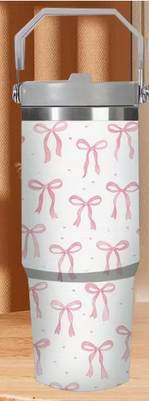 Photo 1 of 1pc 30oz 304 Stainless Steel Vacuum Insulated Tumbler with Lid & Straw - Double Wall Thermal Mug, Non-Slip Handle, Keeps Drinks Hot/Cold - Pink Bow Design, Perfect for Travel, Home, Office - Ideal Birthday & Holiday Gift for Coffee Lovers, Coffee Travel M