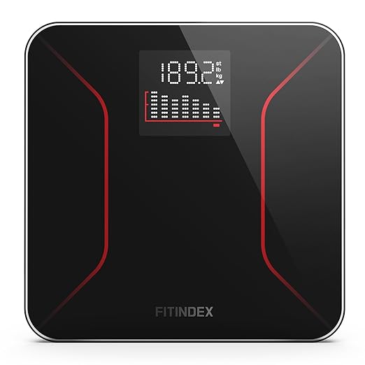 Photo 1 of **PACKAGING IS INCORRECT/ ITEM INSIDE IS CORRECT & FUNCTIONAL**** FITINDEX Bathroom Scale for Body Weight, Highly Accurate Digital Weighing Scale with Large LCD Display, Transparent and Slim Tempered Glass, 400 lbs,7-Day Weight Trend (BLACK & RED)
