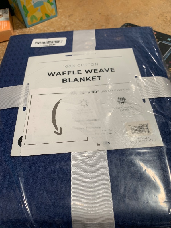 Photo 1 of 100% Cotton Blanket for Twin Size Bed - Blue Waffle Weave Lightweight Summer Bed Blanket - 90x66in Prewashed Breathable, Woven, Layering Blanket (Twin, Navy)