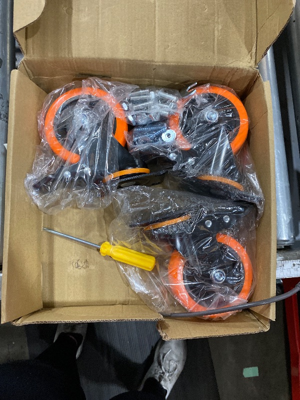 Photo 1 of *** 3 WHEELS*** 4 Inch Caster Wheels,Orange Casters Set of 4, Heavy Duty Casters with Brake 2200 Lbs, Locking Industrial Swivel Top Plate Casters Wheels for Furniture and Workbench Cart(Two Hardware Kits Include)