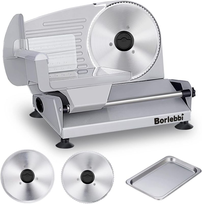 Photo 1 of ***DIRTY, USED *** Meat Slicer, 200W Electric Food Slicer with 2 Removable 7.5" Stainless Steel Blades and Stainless Steel Tray, Child Lock Protection, Adjustable Thickness, Food Slicer Machine for Meat Cheese Bread