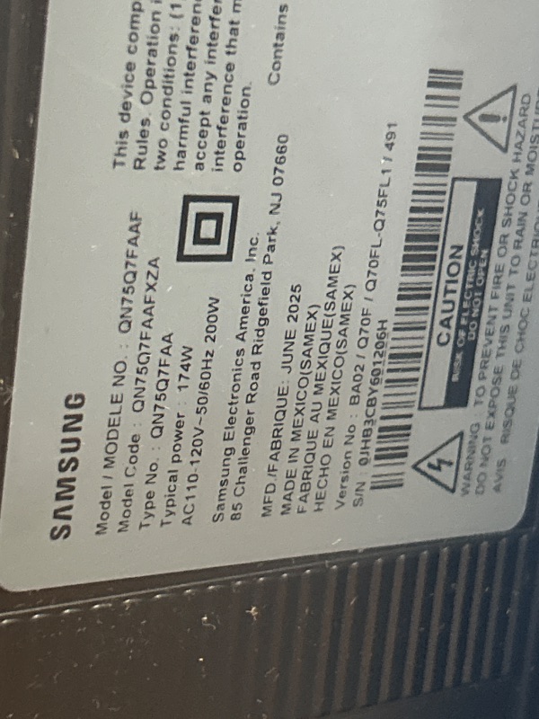 Photo 1 of **** Parts ONLY ****Samsung 75-Inch Class QLED Q7F Series Samsung Vision AI Smart TV (2025 Model, 75Q7F) Quantum HDR, Object Tracking Sound Lite, Q4 AI Gen1 Processor, 4K upscaling, Gaming Hub, Alexa Built-in