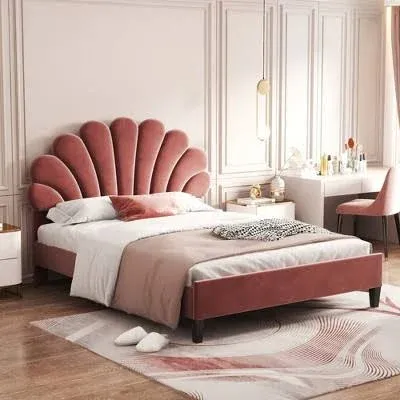 Photo 1 of  Full/Queen Size Upholstered Platform Bed with Flower Pattern Headboard