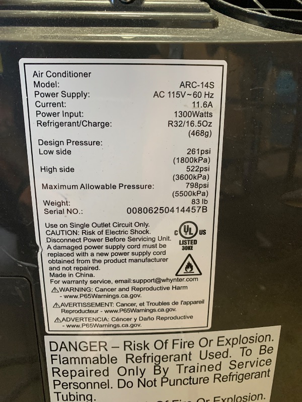 Photo 1 of **see note **Whynter Portable Air Conditioner 14,000 BTU with Dual Hose Dehumidifier & Cooling Fan for 500 Sq Ft Rooms, Includes AC Unit Window Kit, ARC-14S (9,500 SACC)