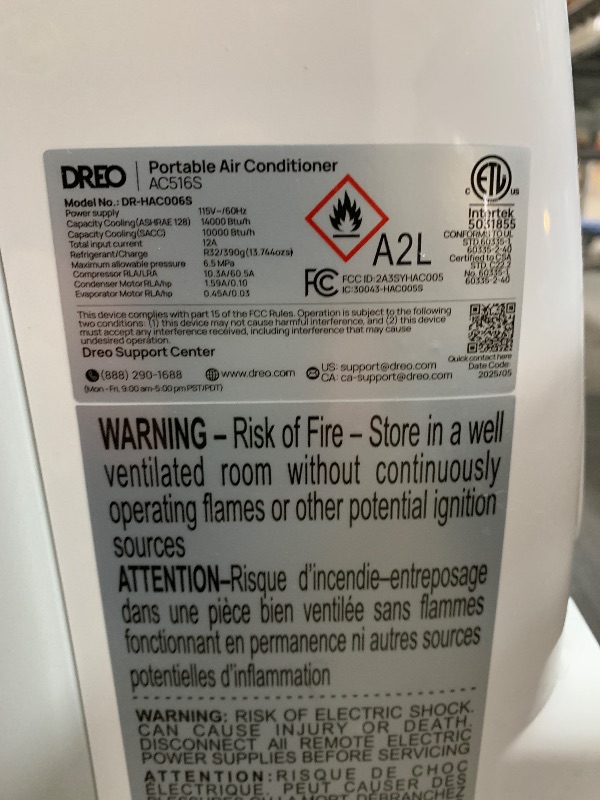 Photo 1 of ** nonfunctional **Dreo Portable Air Conditioners, 14000 BTU ASHRAE (10,000 BTU DOE) Smart AC Unit for Room with Drainage-free Cooling, APP/Voice/Remote, Fan & Dehumidifier, Quiet Standing AC for Bedroom, AC516S New