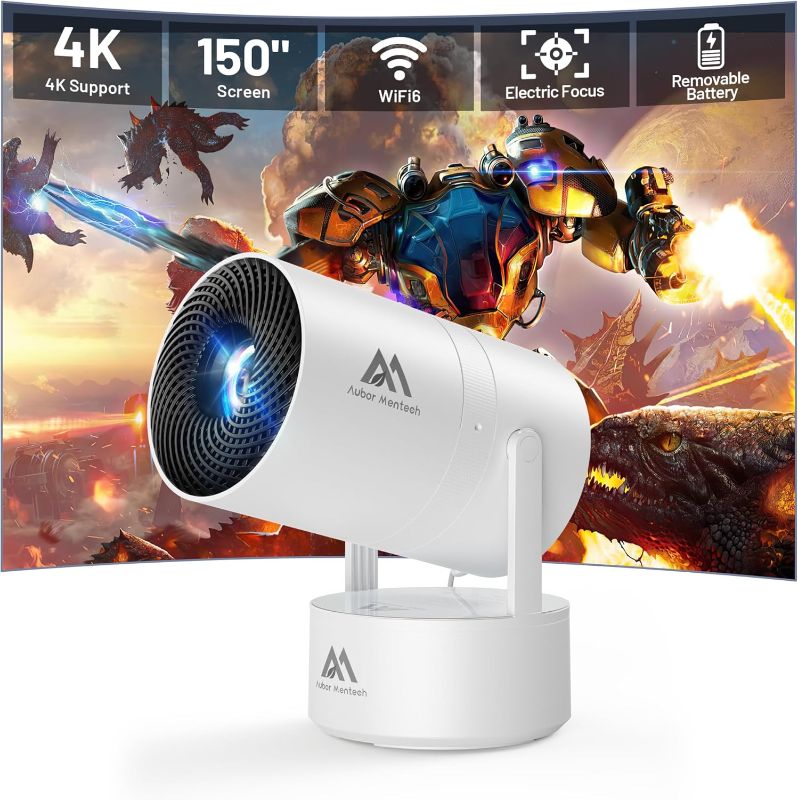 Photo 1 of [Built-in Battery] Mini Projector with Wifi and Bluetooth, Rechargeable Portable Outdoor Smart Projector with Support 4K Decoding, Electric Focus Home Theater for Phone, White
