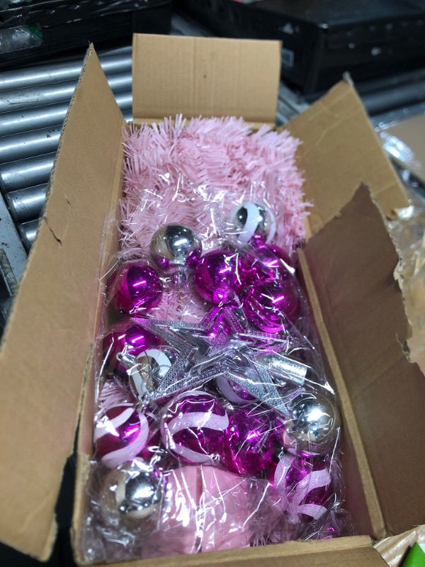 Photo 1 of 4 Ft Lighted Mini Artificial Pink Christmas Tree with Timer Remote Control 8 Mode 100 Warm White Light 18 DIY Ball Ornaments 3D Star Battery Operated Small Xmas Tree Table Indoor Holiday Decor