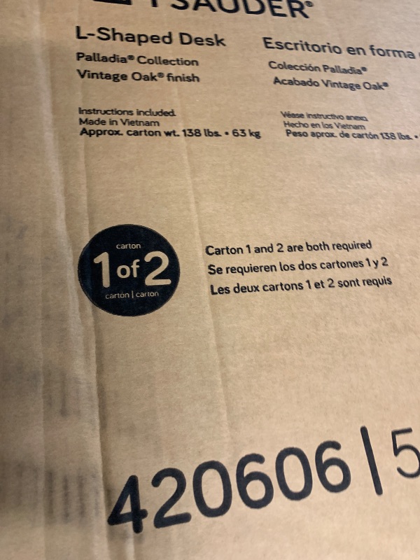 Photo 1 of ***Partial Set Box 1 of 2 Only**
Sauder Palladia L Shaped Desk with Drawers, Office Desk with File Cabinet Storage, Cable Management, Keyboard Tray, in Vintage Oak Finish