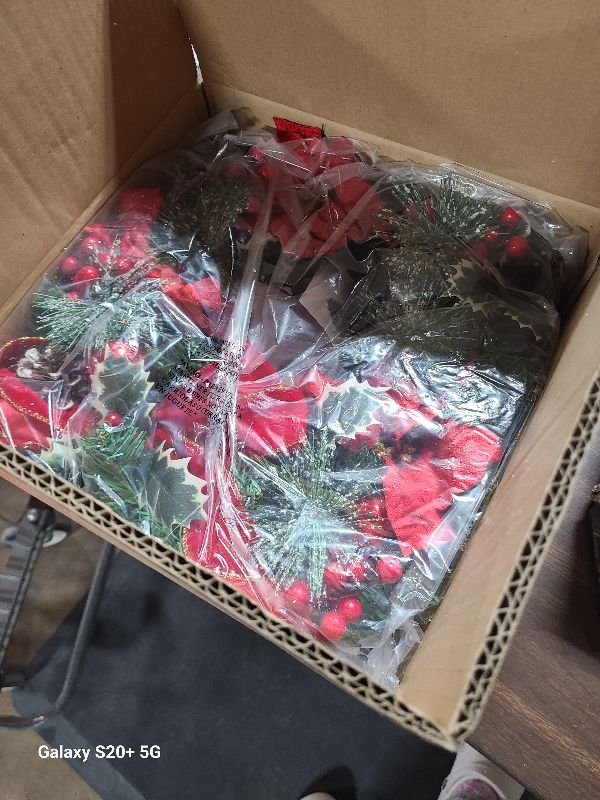 Photo 1 of 20" Lighted Christmas Wreath with Color-Changing LED Tree, Poinsettia Front Door Wreath for Indoor Outdoor Holiday Décor, 5 Light Modes