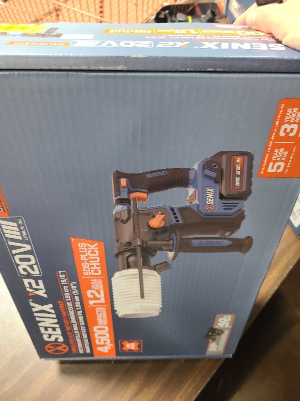 Photo 1 of SENIX X2 20 Volt Max* SDS-Plus Cordless 5/8" Rotary Hammer Drill with Brushless Motor, Auxiliary Handle, Dual Function, & Vibration Control, Includes Battery, Charger, & Storage Bag (PDRX2-M2)