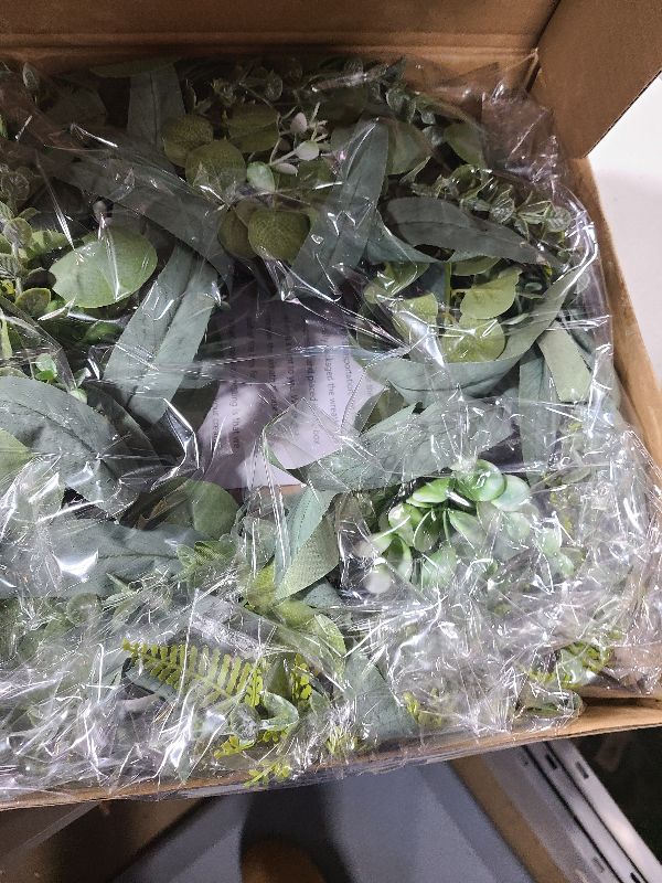 Photo 1 of 24" Eucalyptus Wreath for Front Door, Artificial Green Spring/Summer Wreaths with Willow Leaves, Fern Leaves and Berries for All Seasons, Farmhouse Wreath for Window, Fence, Porch, Wedding Decor