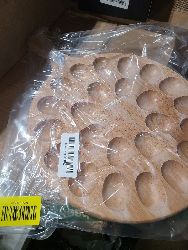 Photo 1 of 12" Reversible Deviled Egg Platter Round Charcuterie Board Wooden, 24 Holes Egg Plate Serving Tray with Handles for Charcuterie, Pizza & Holiday Spreads?