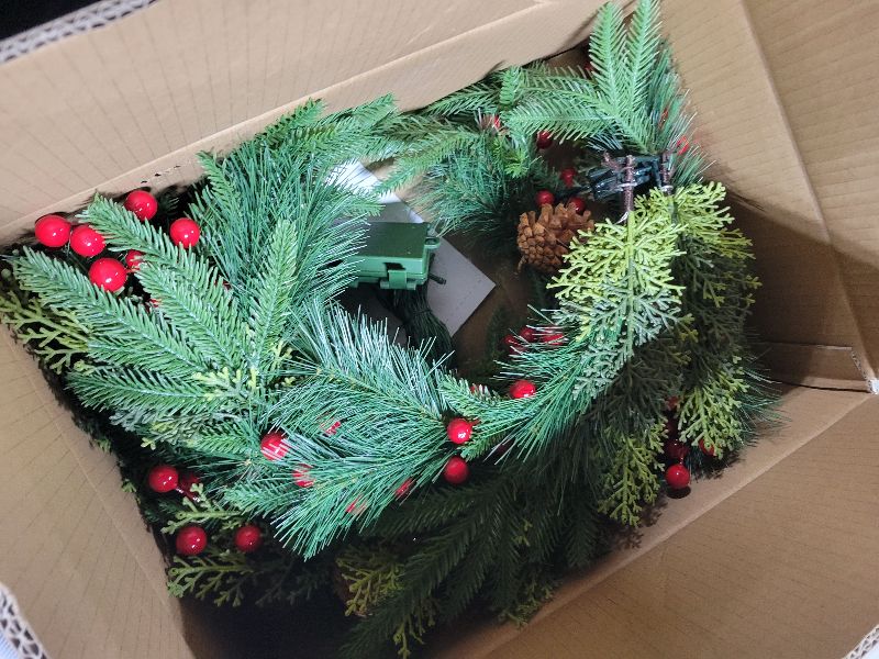Photo 1 of 24 Inch Prelit Christmas Wreath for Front Door, Real Touch Norfolk Pine Wreath with Dual Color Change & Timer,Artificial Pine Tips,Cypress Leaves,Red Berries and Pinecone for Door Home Outdoor Decor