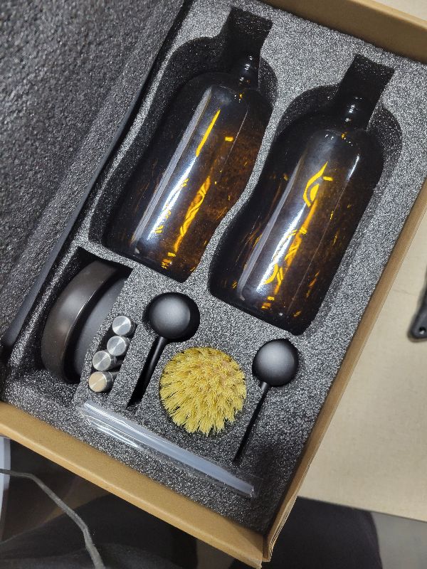 Photo 1 of [Luxury] Kitchen Soap Dispenser Set - 16OZ Amber Glass Bottle, Stainless Steel Pump, Instant Dry Tray, Waterproof Labels, Non-Slip Silicone Pad, and Dish Brush | Upgrade for Your Kitchen and Bathroom