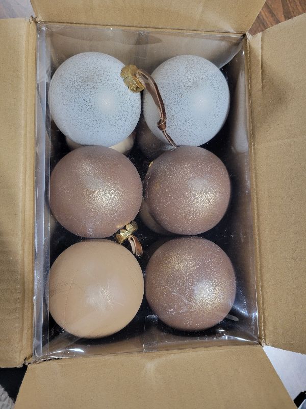 Photo 1 of 12 Pcs Neutral Textured Christmas Ball Ornaments 4 Inch Xmas Tree Decorations Rustic Farmhouse Boho Vintage Hanging Ornaments Earth Toned Home Decor for Tree Party Holiday (Brown)