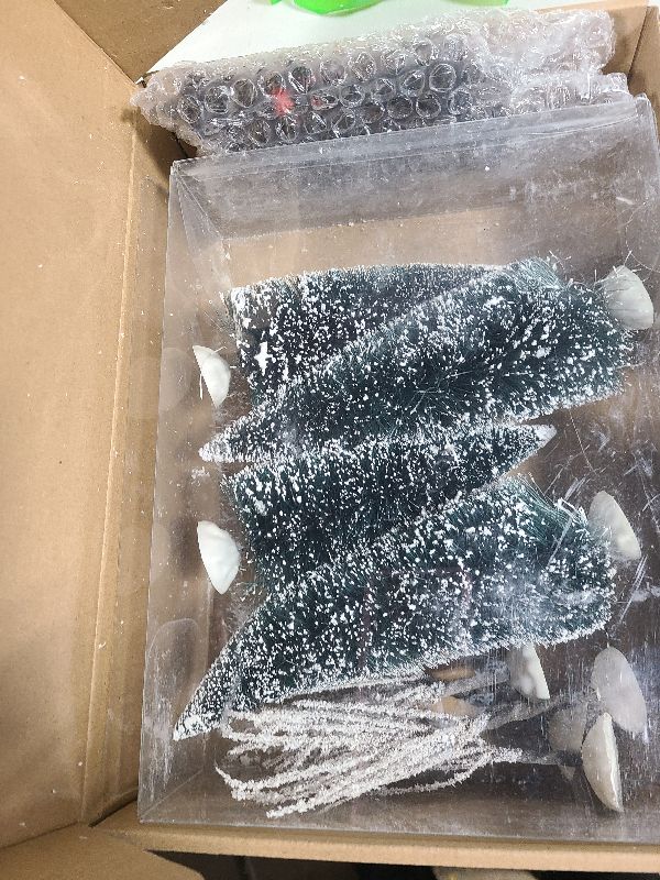 Photo 1 of 12 Pieces Mini Christmas Tree Snow Covered Branch Village Tree Artificial Christmas Village Displays Tree with Christmas Lamp Post Lantern for Christmas Winter House Holiday Decor