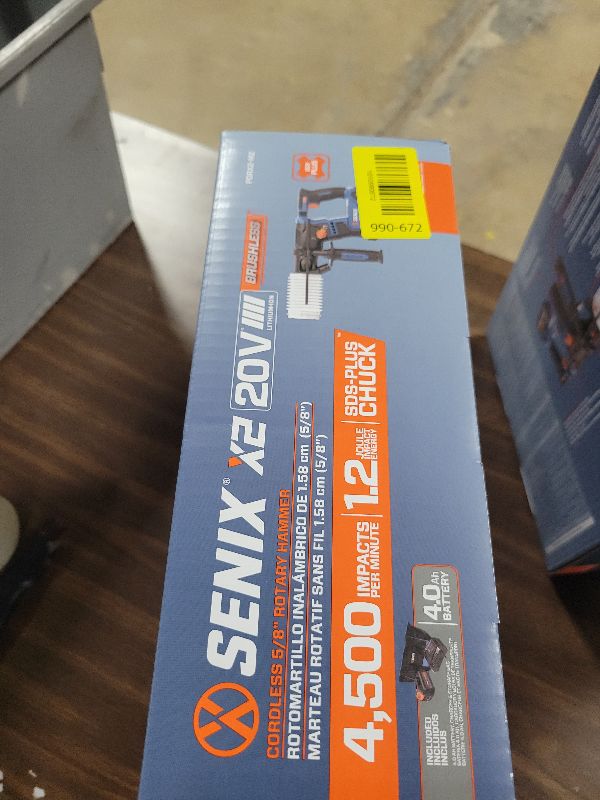 Photo 1 of SENIX X2 20 Volt Max* SDS-Plus Cordless 5/8" Rotary Hammer Drill with Brushless Motor, Auxiliary Handle, Dual Function, & Vibration Control, Includes Battery, Charger, & Storage Bag (PDRX2-M2)