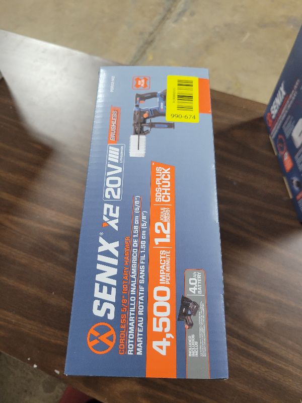 Photo 1 of SENIX X2 20 Volt Max* SDS-Plus Cordless 5/8" Rotary Hammer Drill with Brushless Motor, Auxiliary Handle, Dual Function, & Vibration Control, Includes Battery, Charger, & Storage Bag (PDRX2-M2)