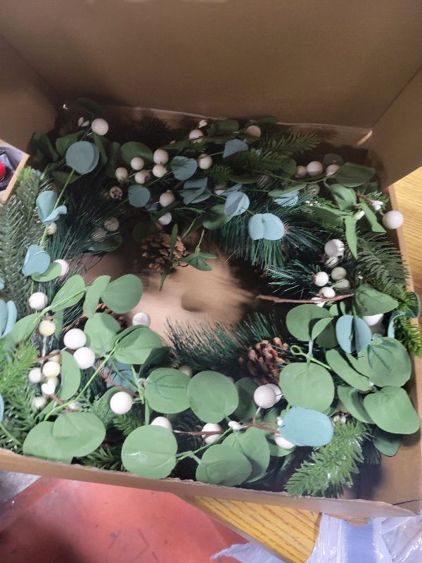 View 2 of 20 Inches Vintage Christmas Wreath Classic Winter Wreaths for Front Door Rustic Holiday Winter Wreath with White Berry Pine Cones for Doors Windows Indoors Outside Hanging Decoration
