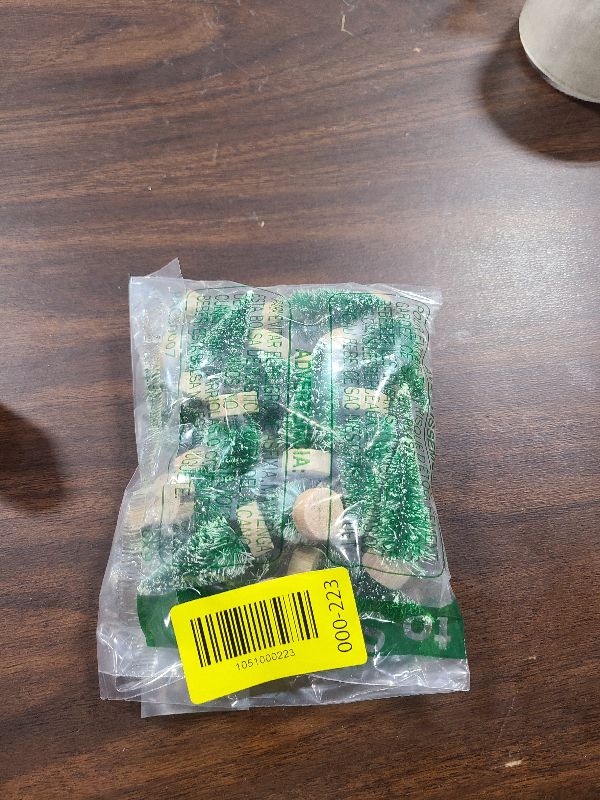 Photo 1 of 24 Pieces Artificial Mini Christmas Sisal Snow Frost Trees with Wood Base Bottle Brush Trees Plastic Winter Snow Ornaments Tabletop Trees for Christmas Party Home Decoration (Green)