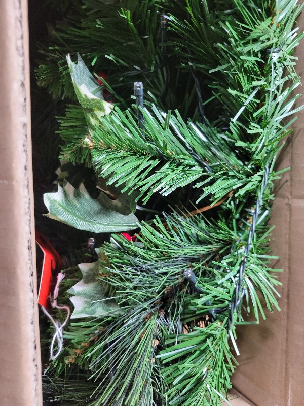 Photo 1 of 24 Inch Prelit Christmas Wreath for Front Door, Battery Operated LED Christmas Wreath with Pine Needles Branches Hari Leaves Red Berry Pine Cones, Lighted Wreath Wall Windows Decoration