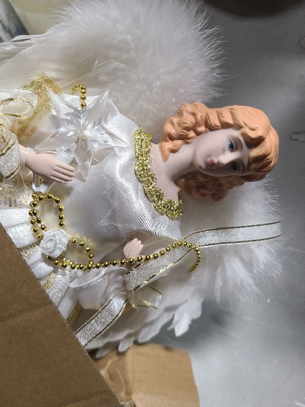 Photo 1 of 12" Lighted White Angel Christmas Tree Topper with Feather Wings & Star Light, Warm White LED Tree Top Angel Decoration for Xmas Tree, Easy Setup