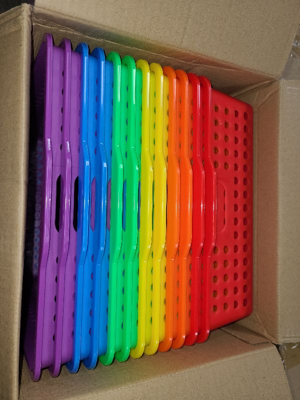 Photo 1 of 12 Pcs Plastic Classroom Storage Baskets Bulk 14 x 10 In Turn in Paper Tray for Classroom A4 Size Colorful Storage Organizer Bin with Handles Stackable Container for Playroom Home Office School Supply