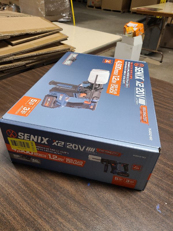 Photo 1 of SENIX X2 20 Volt Max* SDS-Plus Cordless 5/8" Rotary Hammer Drill with Brushless Motor, Auxiliary Handle, Dual Function, & Vibration Control, Includes Battery, Charger, & Storage Bag (PDRX2-M2)