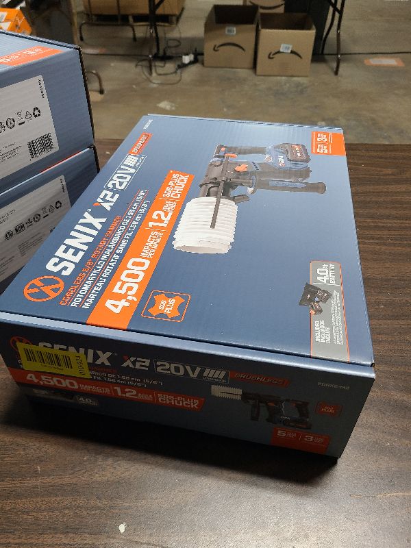 Photo 1 of SENIX X2 20 Volt Max* SDS-Plus Cordless 5/8" Rotary Hammer Drill with Brushless Motor, Auxiliary Handle, Dual Function, & Vibration Control, Includes Battery, Charger, & Storage Bag (PDRX2-M2)