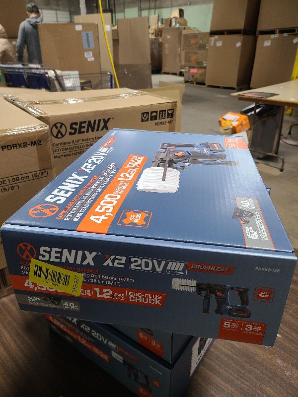 Photo 1 of SENIX X2 20 Volt Max* SDS-Plus Cordless 5/8" Rotary Hammer Drill with Brushless Motor, Auxiliary Handle, Dual Function, & Vibration Control, Includes Battery, Charger, & Storage Bag (PDRX2-M2)