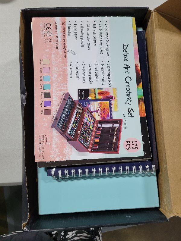 Photo 1 of 175-Pack Deluxe Wooden Art Set Drawing Painting Kit with 2 Drawing Pads, Acrylic Paints, Colored Pencils, Crayons, Paint Brush, Art Kit in Wooden Case, Gift for Artist, Adults, Teens and Kids