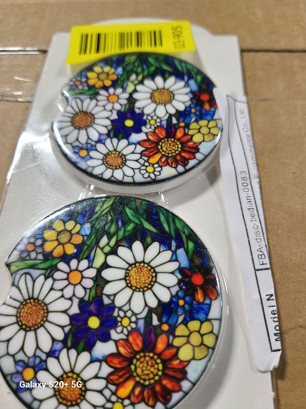 Photo 1 of 2 Pack Car Cup Holder Coasters, 2.56 Inch Flower Ceramic Cup Holder Insert, Universal Auto Non-Slip Absorbent Coaster, with Base and Finger Notch, Car Interior Accessories Sets for Women Men