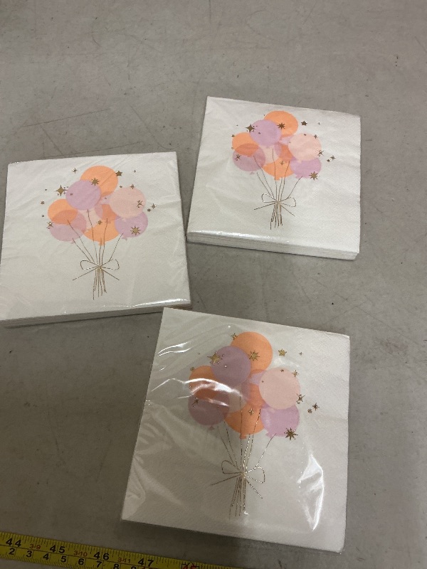 Photo 1 of 3 pack. Slant Collections Birthday Party Beverage/Cocktail Disposable Paper Napkins with Gold Foil Embellishment, 20-Count, Balloons