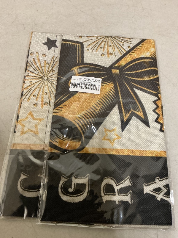 Photo 1 of 2pc Diploma Cap Congrats Grad Garden Flag 12.5x18 Inch Burlap Double Sided, Black Gold Class Of 2025 Graduation Yard Outdoor Decoration