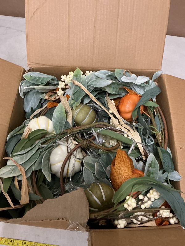 Photo 1 of 2 Pcs Fall Garland for Mantel, 6 FT Fall Garland with Light, Pumpkin Garlands with Eucalyptus Leaves for Table Centerpiece Autumn Thanksgiving Decorations Outdoor Door Window Fireplace Home Decor