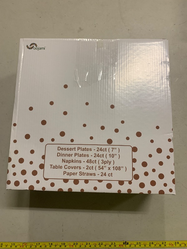 Photo 1 of 24 guest Complete Party Pack Rose Gold Polka Dot Foil Party Supplies Party Tableware Foil Paper Plates Napkins Straws, Table Covers for Weddings, Anniversary, Birthday