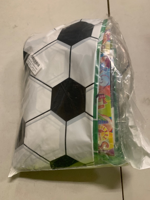 Photo 1 of 222Pcs Soccer Party Decorations Serve 24, Includes Soccer Plates Napkins Cups Spoons Forks Knives Straws Banners Tablecloths Invitation Cards for Soccer Sports Theme Birthday Party Decorations