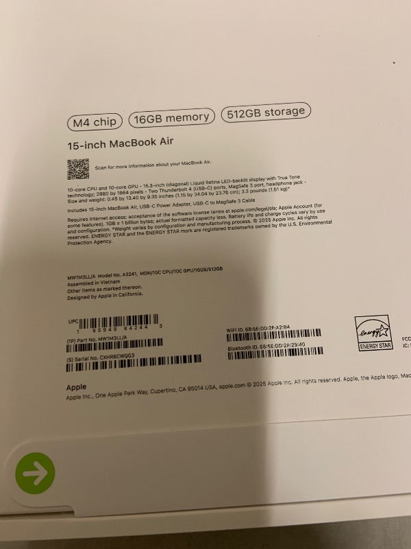 Photo 1 of Apple 2025 MacBook Air 15-inch Laptop with M4 chip: Built for Apple Intelligence, 15.3-inch Liquid Retina Display, 16GB Unified Memory, 512GB SSD Storage, 12MP Center Stage Camera, Touch ID; Midnight