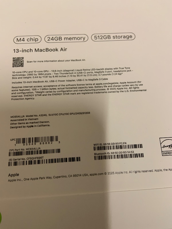 Photo 1 of Apple 2025 MacBook Air 13-inch Laptop with M4 chip: Built for Apple Intelligence, 13.6-inch Liquid Retina Display, 24GB Unified Memory, 512GB SSD Storage, 12MP Center Stage Camera, Touch ID; Silver