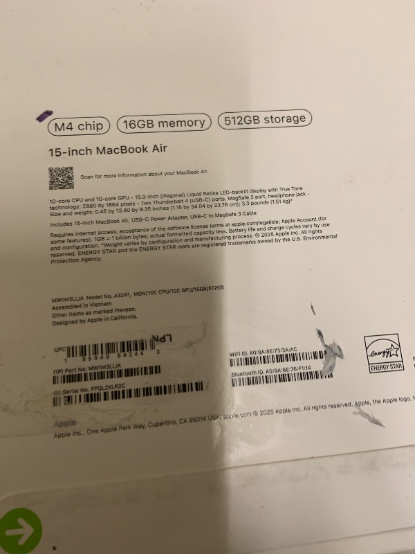 Photo 1 of Apple 2025 MacBook Air 15-inch Laptop with M4 chip: Built for Apple Intelligence, 15.3-inch Liquid Retina Display, 16GB Unified Memory, 512GB SSD Storage, 12MP Center Stage Camera, Touch ID; Midnight