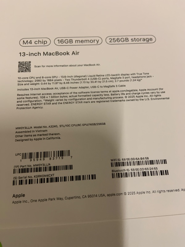 Photo 1 of Apple 2025 MacBook Air 13-inch Laptop with M4 chip: Built for Apple Intelligence, 13.6-inch Liquid Retina Display, 16GB Unified Memory, 256GB SSD Storage, 12MP Center Stage Camera, Touch ID; Starlight